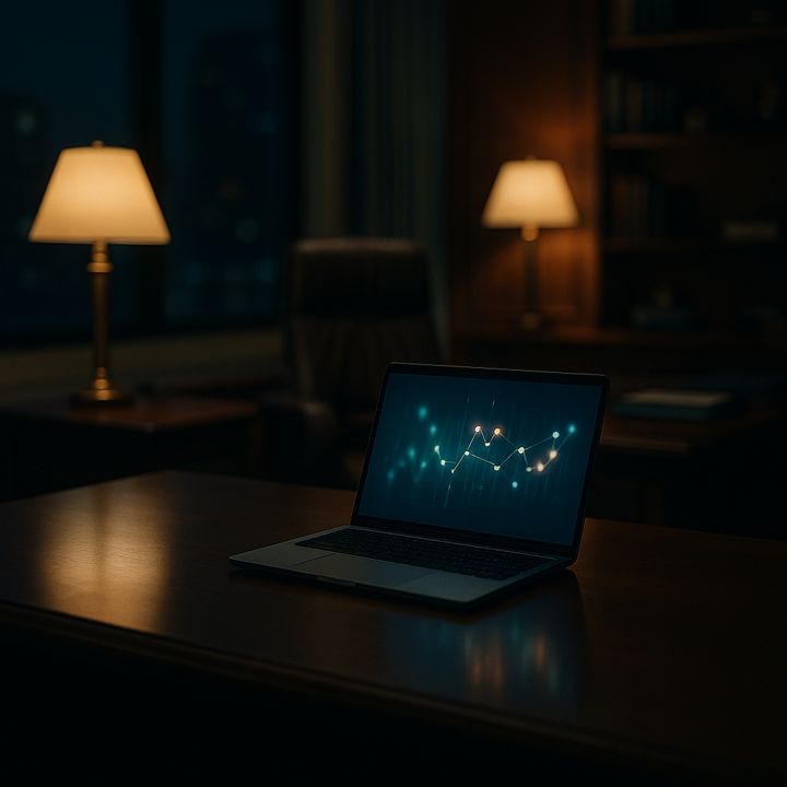 Escritório executivo à noite com notebook aberto sob luz de luminária