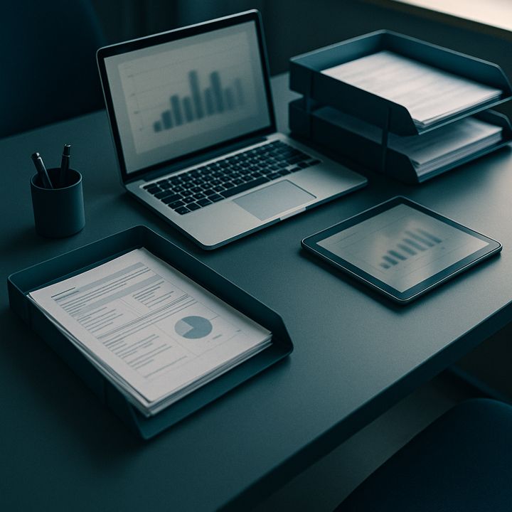 Mesa organizada com notebook, tablet e documentos