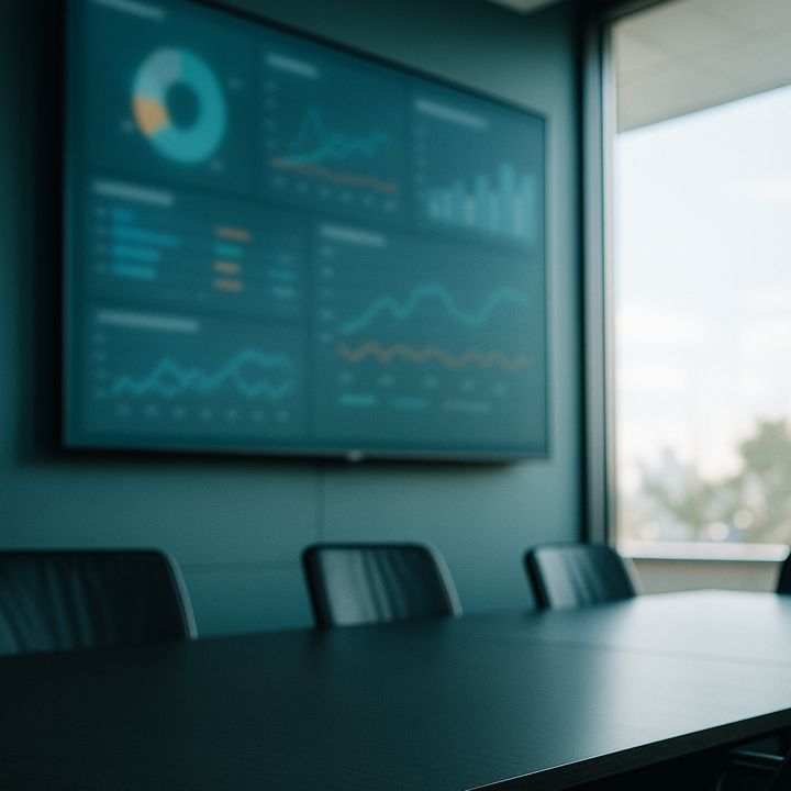 Sala de reunião com painel de indicadores na parede