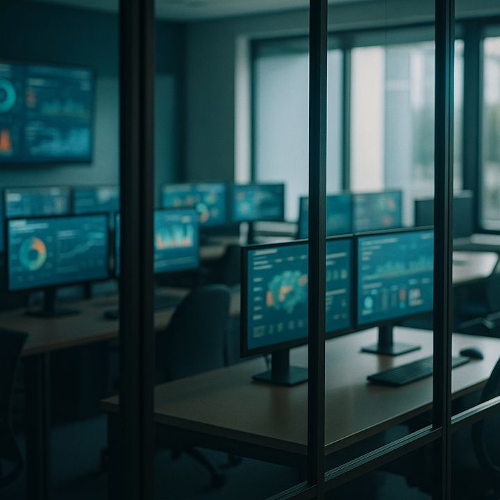 Sala de operações com vários monitores atrás de divisórias de vidro