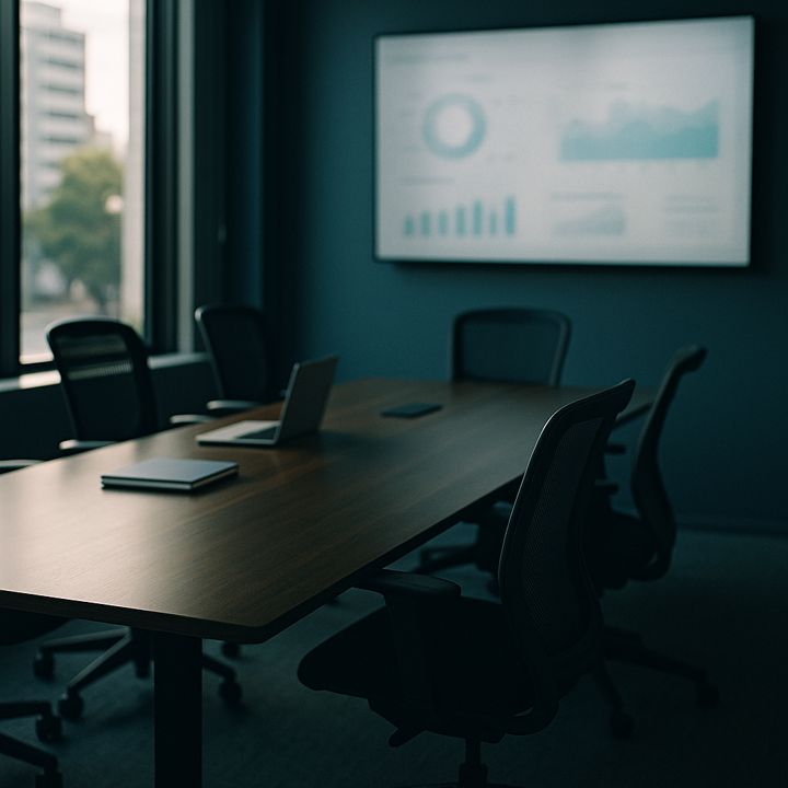 Sala de reunião com tela de apresentação